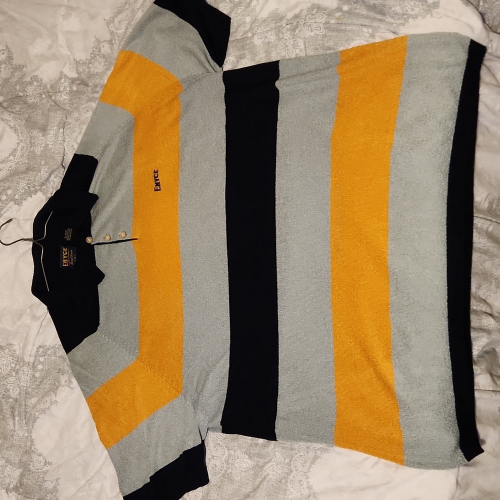 Enyce Stripe 1/4 Button Down Knit Polo Shirt Vintage Y2K Gray, Blue And Yellow